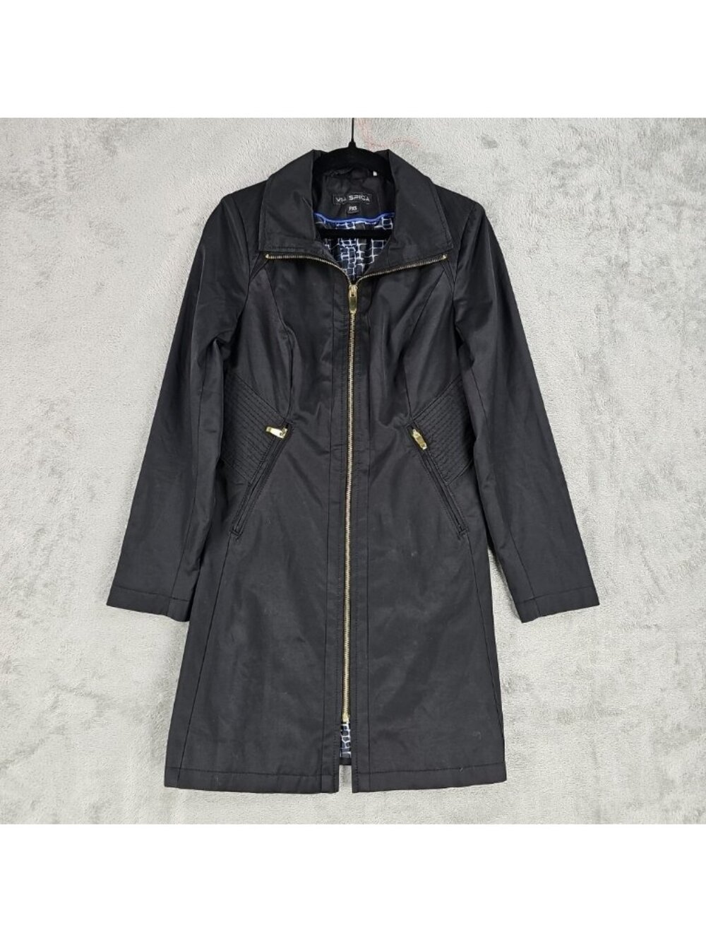 Via Spiga Coat Womens Petite XS PXS Black Twill Zip Trench Lined Quilted Pockets